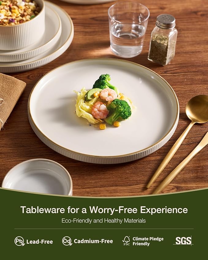 Famiware Star 16-Piece Stoneware Dinnerware Sets with Trim, Service for 4 - Shallow Pasta Bowls & Flat Plates, Modern Rustic Ribbed Dishes, Chip & Scratch Resistant, Microwave & Dishwasher Safe, White