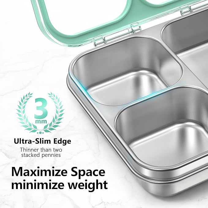 HOMEKOL Stainless Steel Bento Lunch Box, 3-Compartment Leak-Proof Metal Lunch Container for Kids & Adults, BPA-Free, Dishwasher Safe, Clear Tritan Lid, 4.2Cups/1000ml Green (Not Insulated)