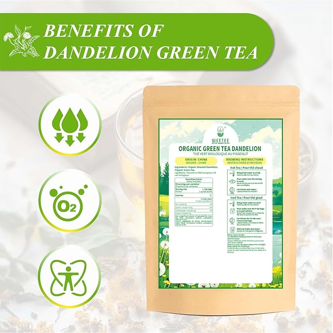 WT WEETEE Organic Green Tea Dandelion, Made of Organic Roasted Dandelion Root and Green Tea, 50 Tea Bags, Rich in Antioxidants & Liver Support