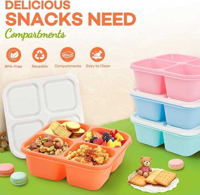Bento Box Adult Lunch Box- 4 Pack,4 Compartment Snack Containers Reusable Meal Prep Stackable BPA-Free Lunch Containers for Home, Work, Travel (4 Color)
