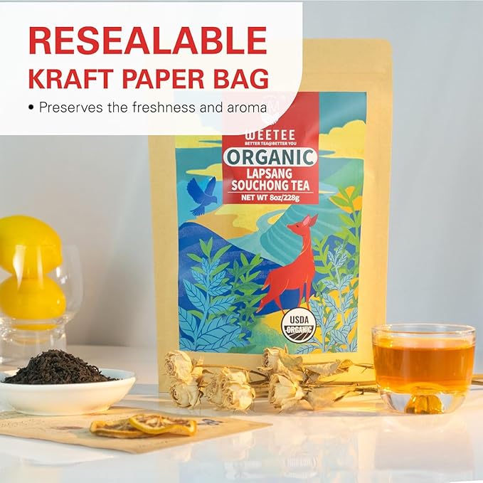 WT WEETEE Organic Lapsang Souchong Tea Loose Leaf, Organic Smoky Black Tea 8 Ounces, Natural Caffeine & Antioxidant, Traditional Chinese Tea