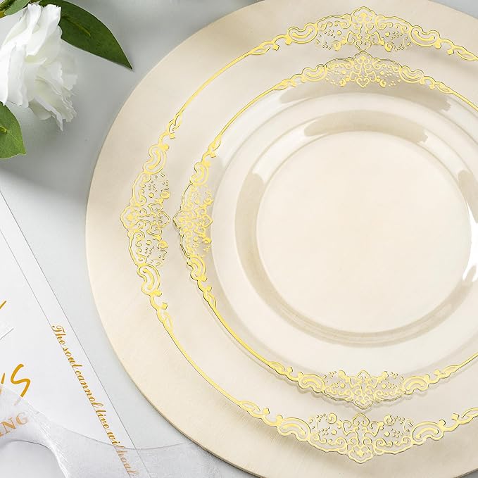 Bestluck 350PCS Clear Plastic Plates for 50 Guests, Disposable Dinnerware Sets Include 50 Gold Rim Plastic Plates, 25 Silverwares, 25 Cups, and 25 Pre Rolled Napkins for Party, Wedding and Graduation