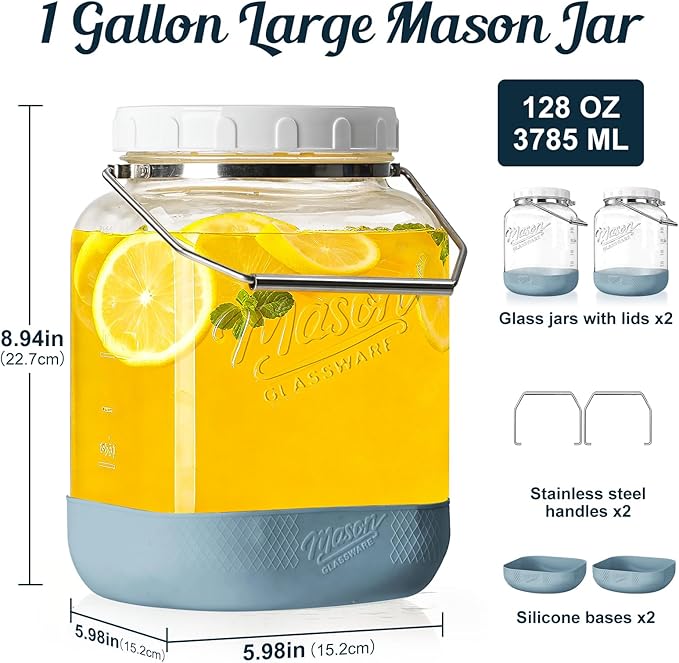2 Pack Square Wide Mouth Mason Jars, 1 Gallon Glass Jar With Airtight Lid and Scale Marks, 128 FL Oz/3785 ML Food Storage Containers with Handles & Non-slip Bases - for Flour, Rice, Pickling