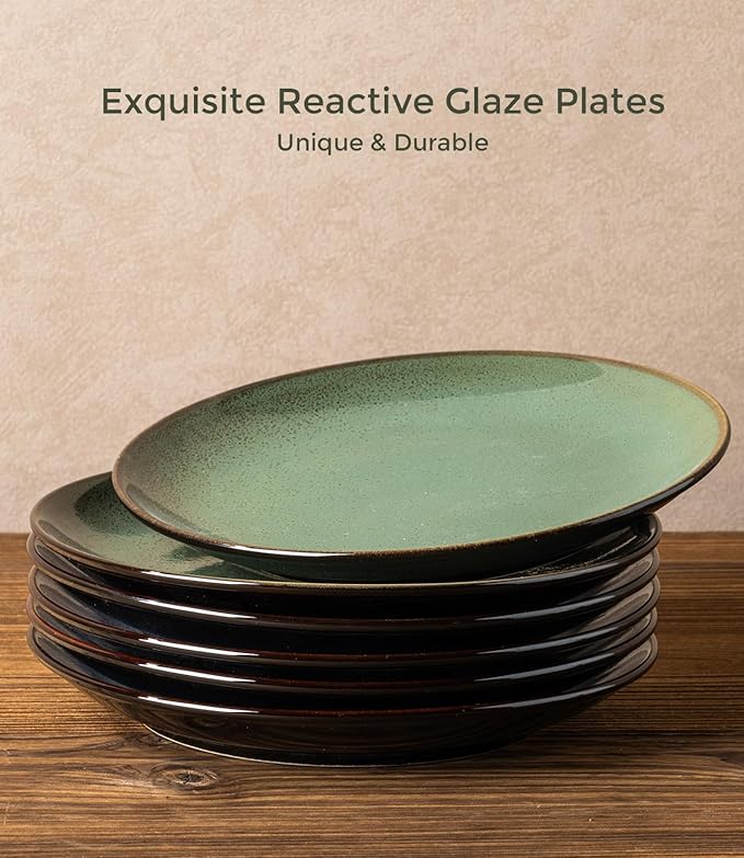 LERATIO Ceramic Dinner Plates Set of 6, 8.0 Inch Handmade Reactive Glaze Porcelain Plates, Coupe Shape Dinnerware Dishes Set for Kitchen,Oven& Microwave & Dishwasher Safe, Scratch Resistant-Green