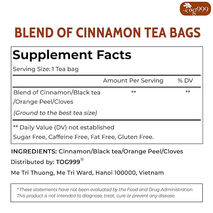 TOG999, 60 Tea Bags – Special Blend of Cinnamon, Black Tea, Orange Peel and Cloves, 100% Natural Ingredients, Hand-made Blend Herbal Tea. Eco-conscious Tea Bags. No Sugar, No Caffeine, No Gluten, Vegan.