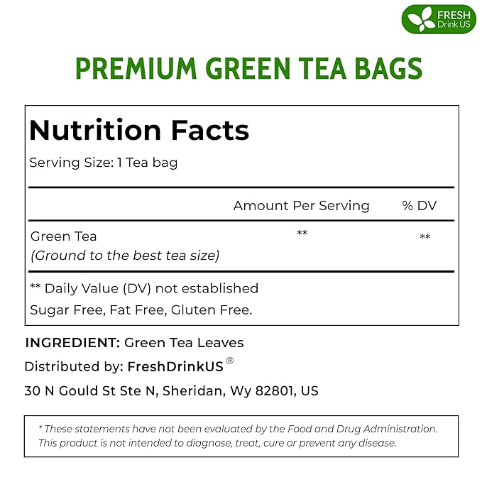 FreshDrinkUS, Premium 175 Green Tea Bags, 100% Natural & Pure from Green Tea Leaves. Loose Leaf Green Tea Herbal Tea. Made with Natural Material Tea Bags. No Sugar, No Caffeine, No Gluten, Vegan.