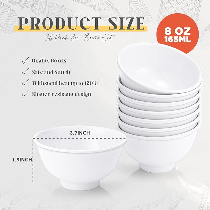 Tioncy 36 Pcs Bowls Set Unbreakable Dessert Soup Salad Bowls for Pasta Cereal Soup Dishwasher Safe (6 oz,White)