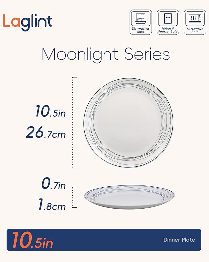 LaGlint 10.5 inch Dinner Plate Set of 6, Lightweight Round Opal Glass Dinnerware Plates, Dishwasher and Microwave Safe, Blue Modern Geometric Design