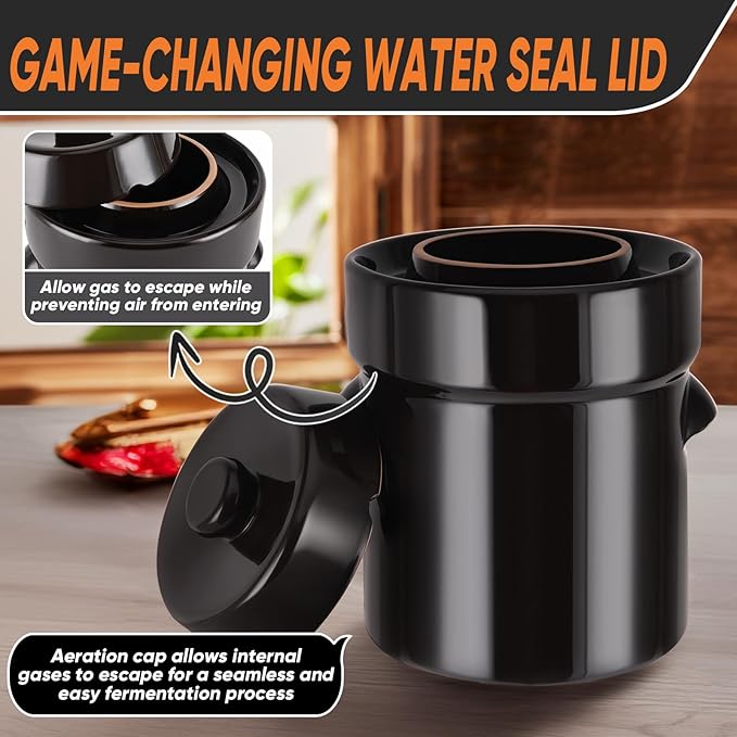 Fermentation Crock 2 Liter / 0.5 Gallon, Sauerkraut Crock with Lid, Weights & Pounder - Ceramic Fermenting Crock Kit for Pickling Cabbage Kimchi Pickle Vegetables- Sauerkraut Fermentation Crock.
