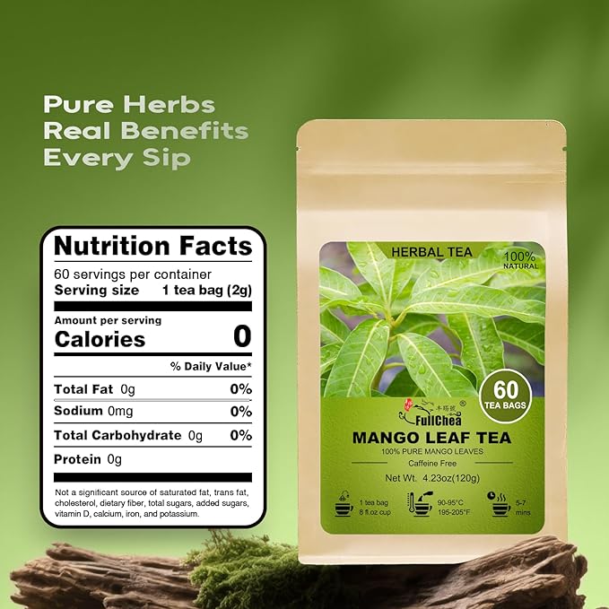 FullChea - Mango Leaf Tea, 60 Teabags - Premium Dried Mango Leaves - Natural Herbal Tea for Relaxation & Wellness - Non-GMO - Caffeine-Free - Support Digestive Comfort