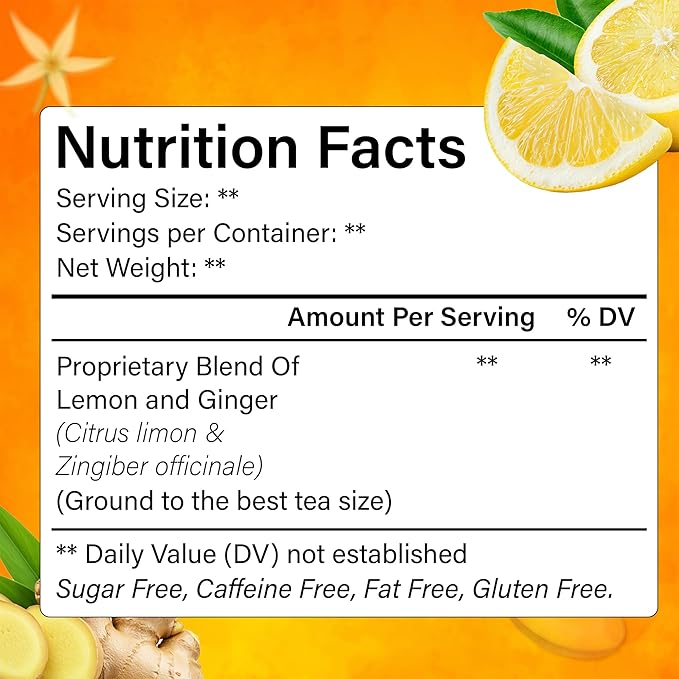 FreshDrinkUS, Premium 150 Lemon Ginger Tea Bags, 100% Natural Ingredients, Hand-made Blend of Lemon and Ginger, Eco-conscious Tea Bags. No Sugar, No Caffeine, Vegan.