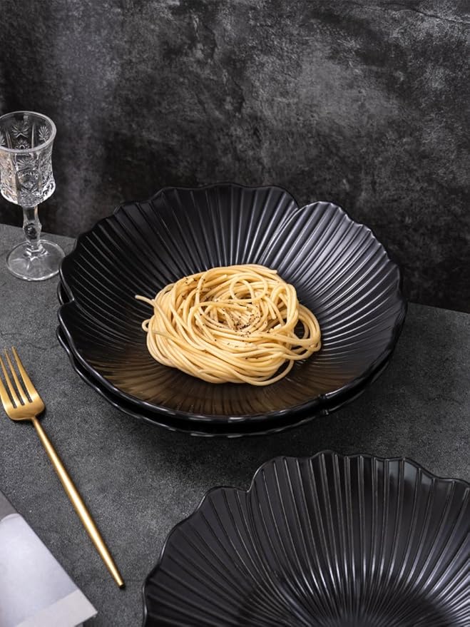 CLAY TONIC Set of 3-10 Inch Japanese Style Flower Petal Shaped Porcelain Round Dinner Plates/bowl, Versatile Circular Serving Plates for Pasta, Salad, Steak Dinner (Black, 10 Inches)