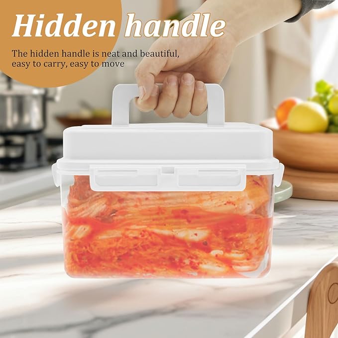 Press Plate Leakproof Airtight Pickle Kimchi Container, Press Plastic Fermentation Container, 4L Food Storage Box w Hidden Handle, Portable Mason Jar, Clear Sauerkraut Press Container for Home Kitchen