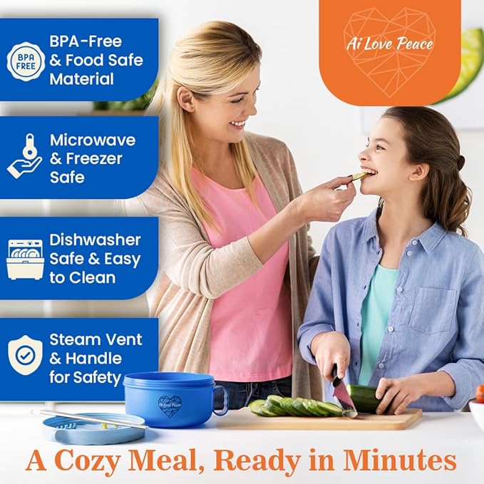 AI LOVE PEACE Ramen Bowl, 40 oz Microwaveable Noodle Cooker for Ramen, Pho, Soup, and Pasta, Dishwasher Safe and Portable, Ideal for Home, Office, Dorm, or Gift (Blue)