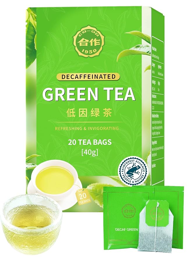 CO-OP 1950 Decaf Green Tea Bags, Naturally Decaffeinated Pure Green Tea, Smooth, Fresh & Clean Flavor, CO₂ Decaf Process, Individually Wrapped, Hot or Iced, 20 Count