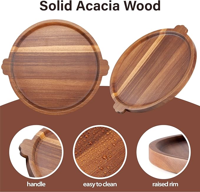 Charcuterie Board | Acacia Wood Serving Tray with Handles 13'' | Round Decorative Ottoman Coffee Table Tray | Circular Wooden Cheese Board Serving Platter for Party Supplies
