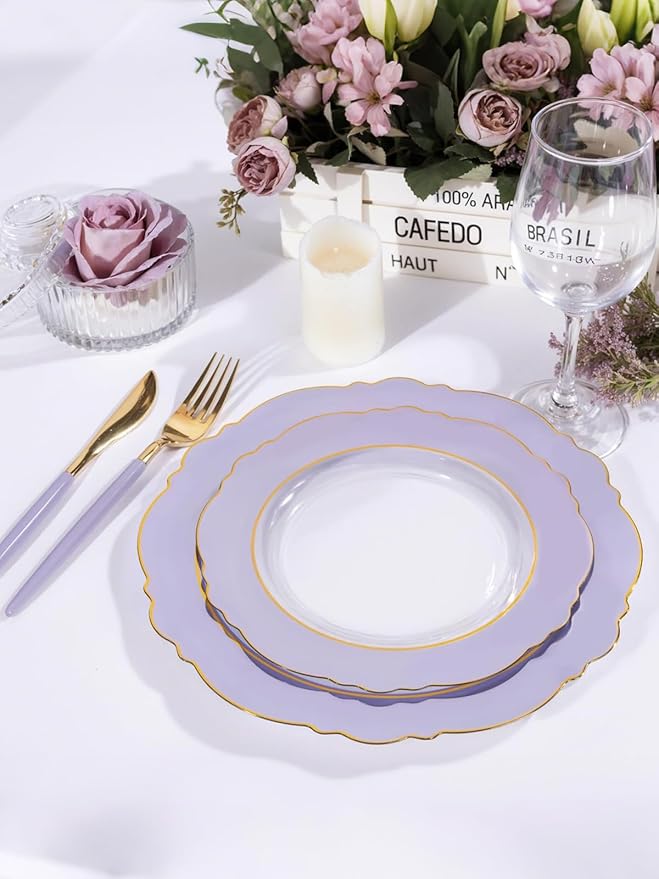 WDF 60pcs Clear Purple Plates Disposable with Gold Rim - Baroque Lavender Purple Plastic Plates for Party/Wedding/Spring/Picnic