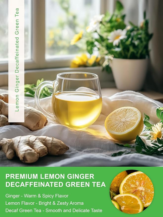 TeeLux Lemon Ginger Decaf Green Tea, Smooth Decaffeinated Green Tea with Spicy Ginger & Refreshing Natural Lemon Flavor, 100 Count