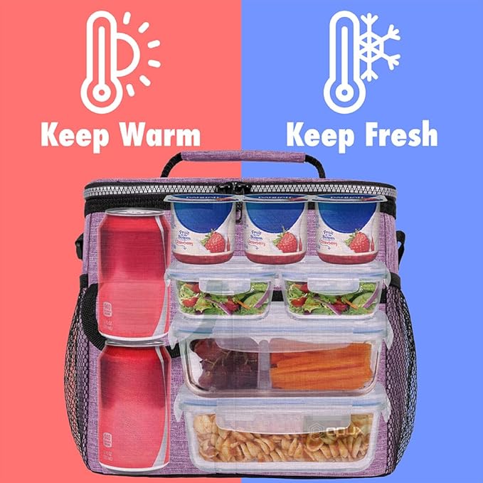 opux Insulated Lunch Box for Men Women Kids, Leakproof Reusable Lunch Bag Cooler for Work School Office, Soft Thermal Lunchbox Tote Shoulder Strap for Boys Girls Adults, Heather Pink, 18 Can/10L