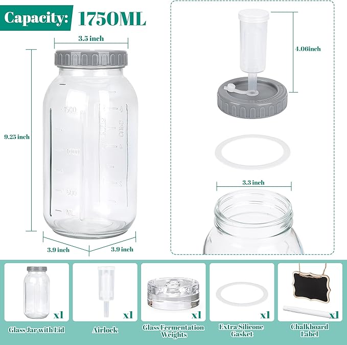 64oz Fermentation Jar Kit with Fermenting Weights and Airlock Lids, Wide Mouth Glass Jars with Scale Mark for Making and Storing Sauerkraut, Pickles (Pack of 1)