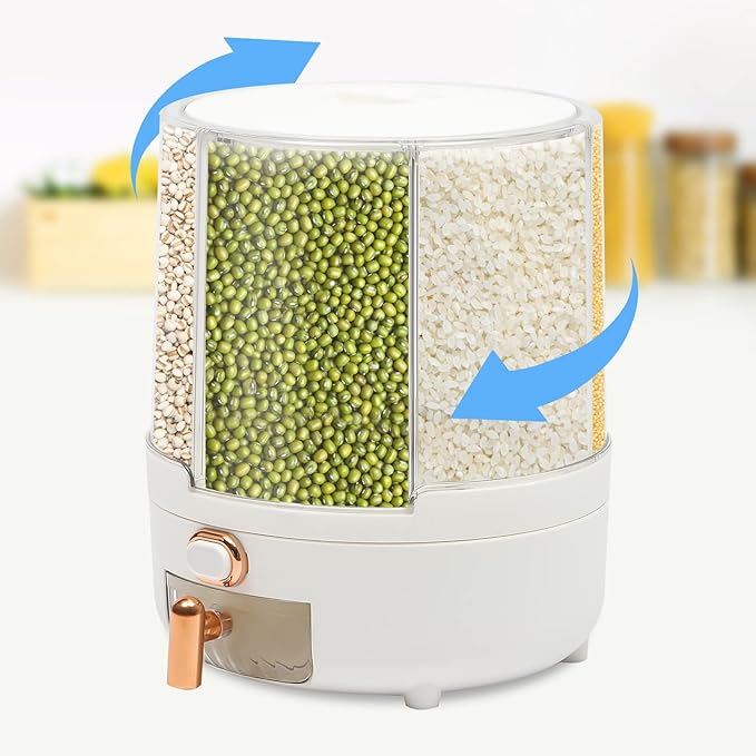 360° Rotating Grain Dispenser With 6 Grids, 13.2lbs Large Capacity Grain Dispenser Rotating Kitchen Storage Containers With Sealed Lid For Peanut Barley Millet And Cereal (White, 14.3 lbs)
