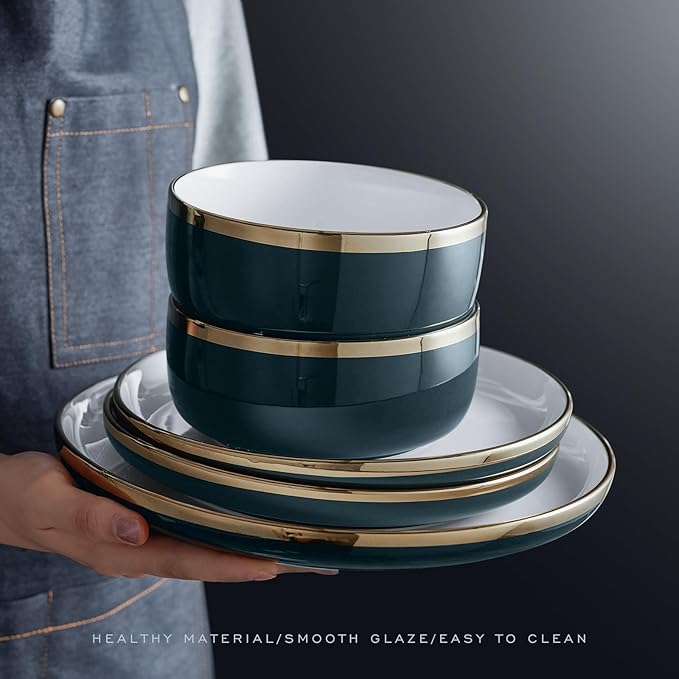 Pokini Porcelain Dinnerware Sets, 12 Piece Luxury China Plates and Bowls Sets, Green Dishes Set Gold Rim for Wedding Anniversary Birthday, Modern Dinner Plates Set