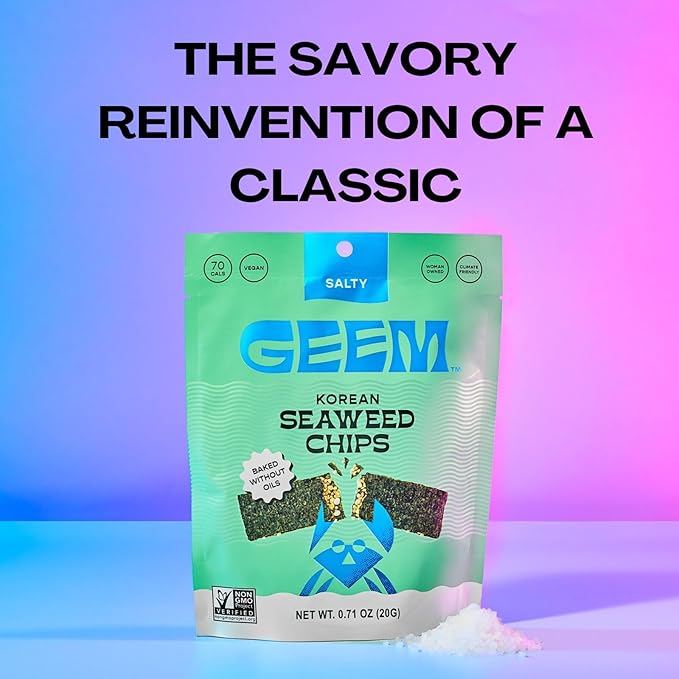 GEEM Seaweed Snacks – Korean Seaweed Chips with Rice Crisps & Sesame | Crunchy, Oil-Free Snack | Vegan, Non-GMO | Great for Kids & Adults | Salty 4-Pack