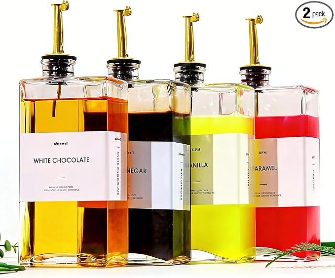 WISIMMALL Olive Oil Dispenser For Kitchen, Glass Oil Bottle 500ML Oil And Vinegar Dispenser Set Of 4 with 4 Stainless Steel Pourers & 44 Labels, Soy Sauce Dispenser, Coffee Syrup Bottles