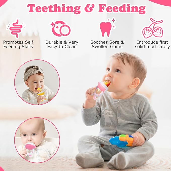 Baby Fruit Feeder Pacifier | 2 Infant Food Feeder Pacifier & 1 Baby Food Dispensing Spoon | Mesh Fresh Fruit Teethers for Babies Teething Feeders | Shower Gifts for Boys and Girls (Pink)