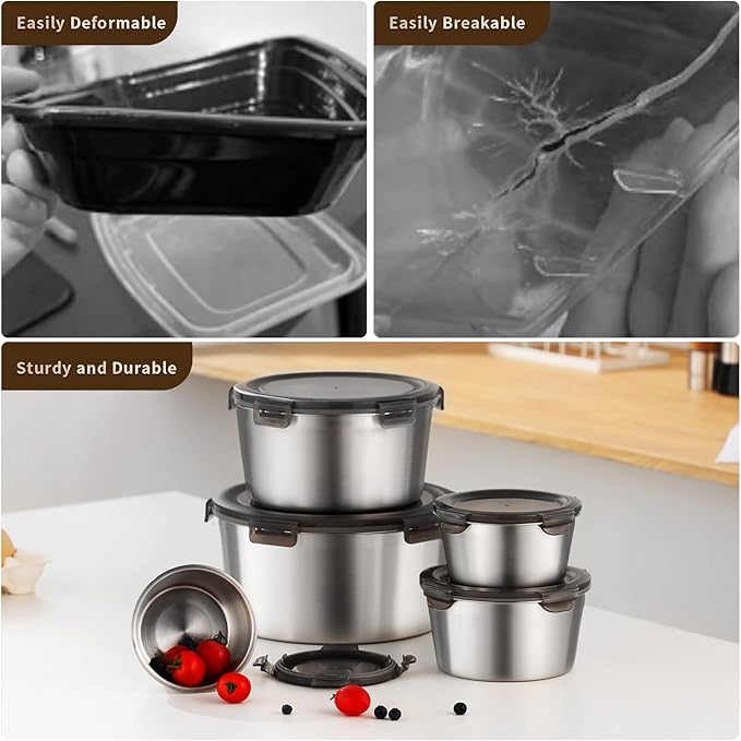 316L Stainless Steel Food Storage Containers with Lids, 11.5oz/20oz 34oz/71oz Airtight Metal Meal Prep Containers,Bento Lunch Box for Kitchen, Picnic & Camping（340 ml/600 ml/1000 ml/2100 ml）