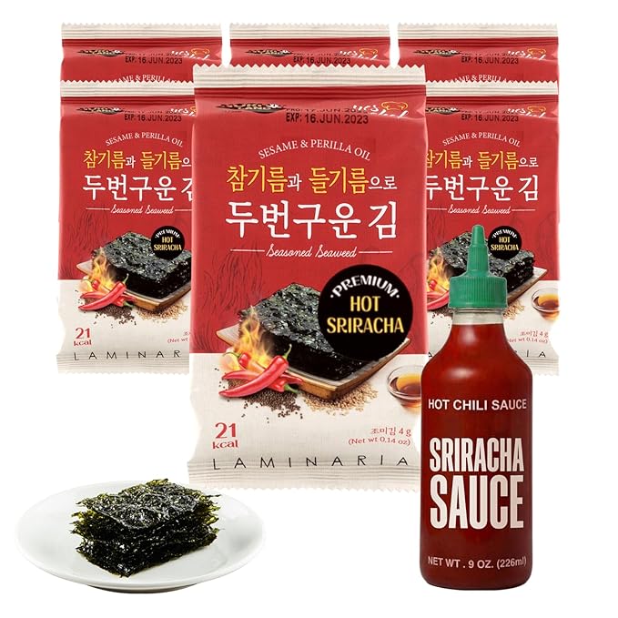 Kim’s Table Roasted Seaweed Snack – Korean Seasoned Spicy Seaweed Sheets, Light & Crispy, Healthy Low Calorie Gluten Free Vegan Snack, 6 Convenient Packs (0.14oz Each) (Sriracha) 스리라차맛 한국 김