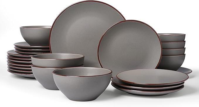 Famiware Venus Plates and Bowls Sets with Trim, 24 Pieces Speckled Stoneware Dinnerware Set for 8, Matte Dark Gray - Microwave & Dishwasher Safe, Modern Minimalist, Dishes for Everyday & Formal Dining