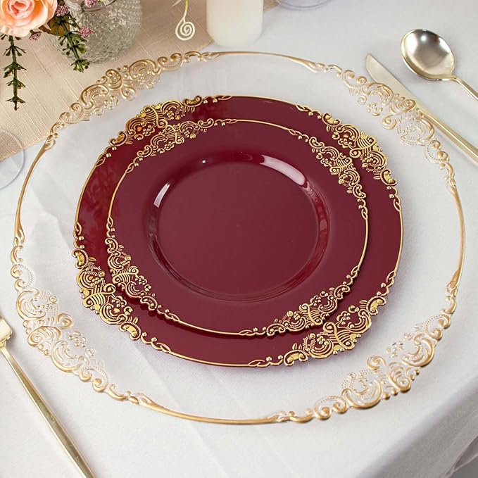 Efavormart 10 Pack | 10" Burgundy and Gold Baroque Dinner Plates, Leaf Embossed Metallic Rim Heavy Duty Serving Plates for Autumn Banquets