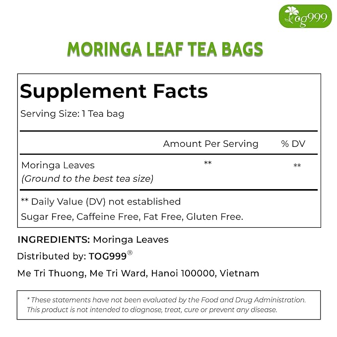 TOG999, Premium 30 Moringa Leaf Tea Bags, 100% Natural & Pure. Loose Leaf Moringa Herbal Tea. No Sugar, No Caffeine, No Gluten, Vegan.