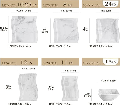 MALACASA 26-Piece Marble Grey Square Dinnerware Sets, Flora Porcelain Dinner Set for 6, Service for 6, Microwave & Dishwasher Safe, BPA, Lead & Cadmium Free