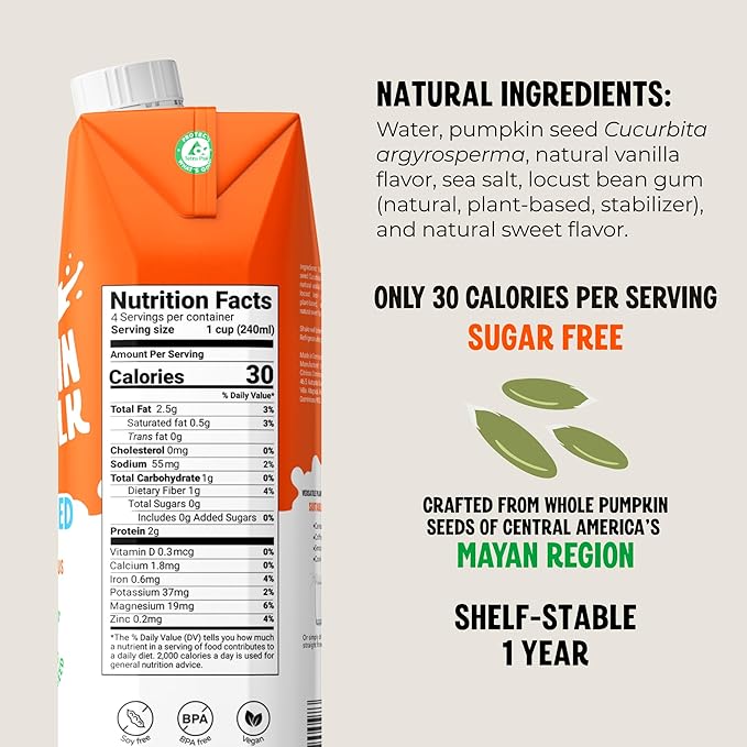 Tori Pumpkin Seed Milk, Unsweetened – Only 30 Calories, 0g Sugar | Plant-Based, No Emulsifiers, No Artificial Ingredients | Rich in Iron, Zinc & Magnesium | Keto & Whole30 Friendly | 32 fl oz (6 Pack)
