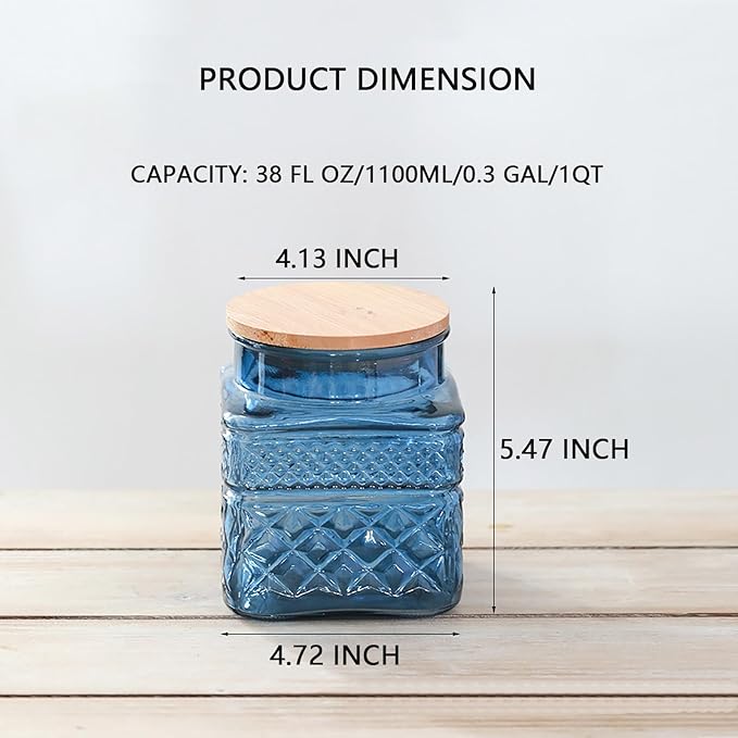 WMM 38 FL OZ Large Airtight Glass Storage Jars with Bamboo Lid - Vintage Food Containers for Candy, Snacks, Coffee, Tea, Nuts, Cereal - Kitchen Canisters
