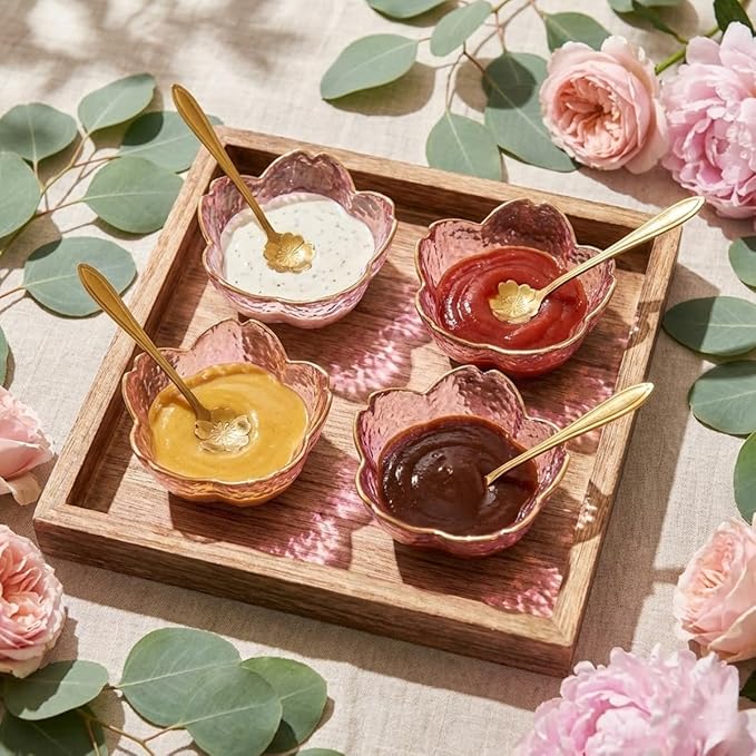 3.3” Small Sakura Dipping Bowls Set with Gold Spoons，Pink Glass Sauce Dishes with Gold Trim for Soy Sauce, Sushi, Snacks, and Party Appetizers（2 Bowls+2 Spoons）