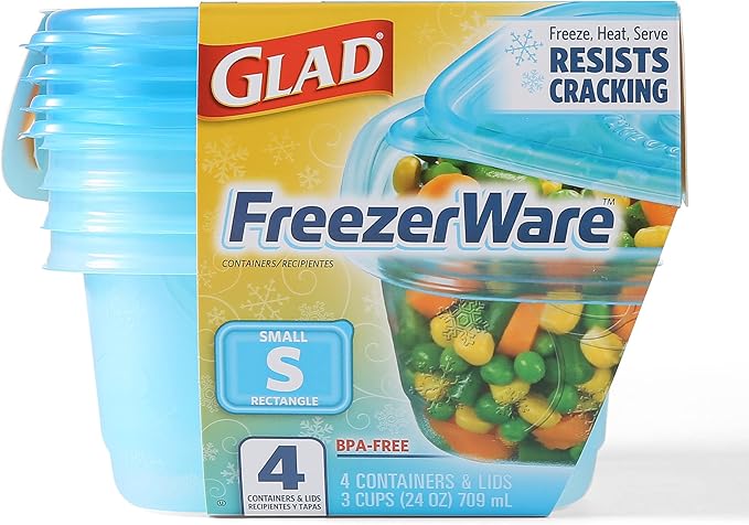 Glad GladWare FreezerWare Food Storage Containers with Lids, Small Rectangle BPA Free Plastic for Freezing Soups and Meal Prep, Crack Resistant, Microwave Dishwasher Safe, 24 Oz, 4 Count - 6 Pack