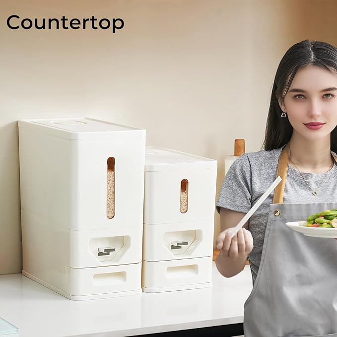 UFORU Rice Dispenser 22-25 Lbs (12kg), Rice Storage Container Sealed Moisture-Proof with Built-in Drawer, BPA-Free for Kitchen Pantry Household, Ideal for Rice, cereals, Beans, and Dry Food