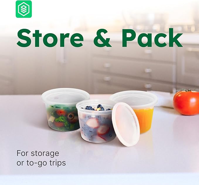 16oz Deli Food Containers with Lids – Set of 12 Reusable Plastic Containers for Leftovers and Kitchen Storage – Airtight and Leakproof – Dishwasher, Freezer, and Microwave Safe – 12 Units, 16oz