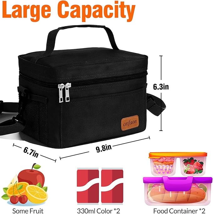 ONFAON Lunch Bag for Men/Women, Insulated Reusable Lunch Box Leakproof Cooler Tote Bag Freezable with Adjustable Shoulder Strap for Office Work Picnic Beach(Black)