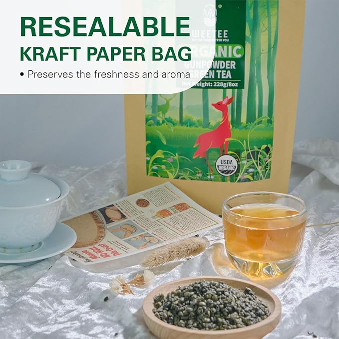 WT WEETEE Organic Gunpowder Green Tea, USDA Organic Loose Leaf Green Pearls Tea 8 Ounce, Full-Bodied & Gently Rolled Chinese Green Tea, Caffeinated