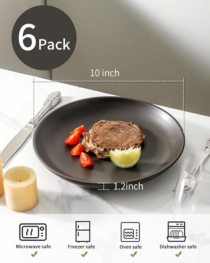 Ceramic Plate，10 Inch Dinner Plate, Black Plate Set of 6 for Steak, Noodle, Microwave Oven and Dishwasher Safe, Matte Black