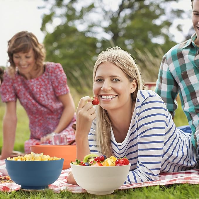 Wheat Straw Bowls 60 OZ, Unbreakable Large Salad Bowls Set of 6, Plastic Kitchen Bowls for Ramen, Soup, Cerea, Microwave and Dishwasher Safe Big Popcorn Bowls for Camping, RV, Party (Multi Colors)