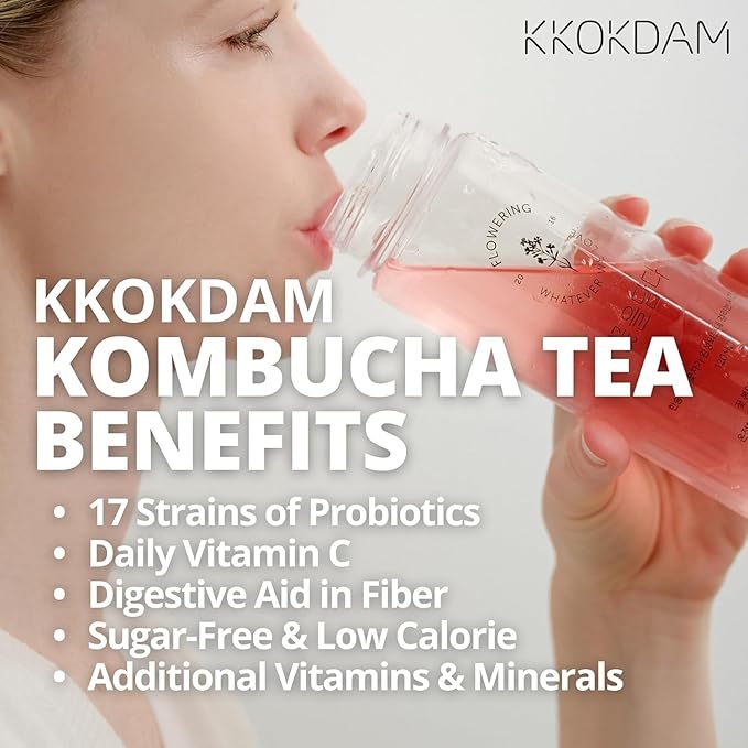 KKOKDAM Kombucha Tea - Peach & Cherryblossom Korean Tea - Kombucha Drinks Probiotic Support, Low Calorie, Sugar Free Kombucha Pack - 15 Packs