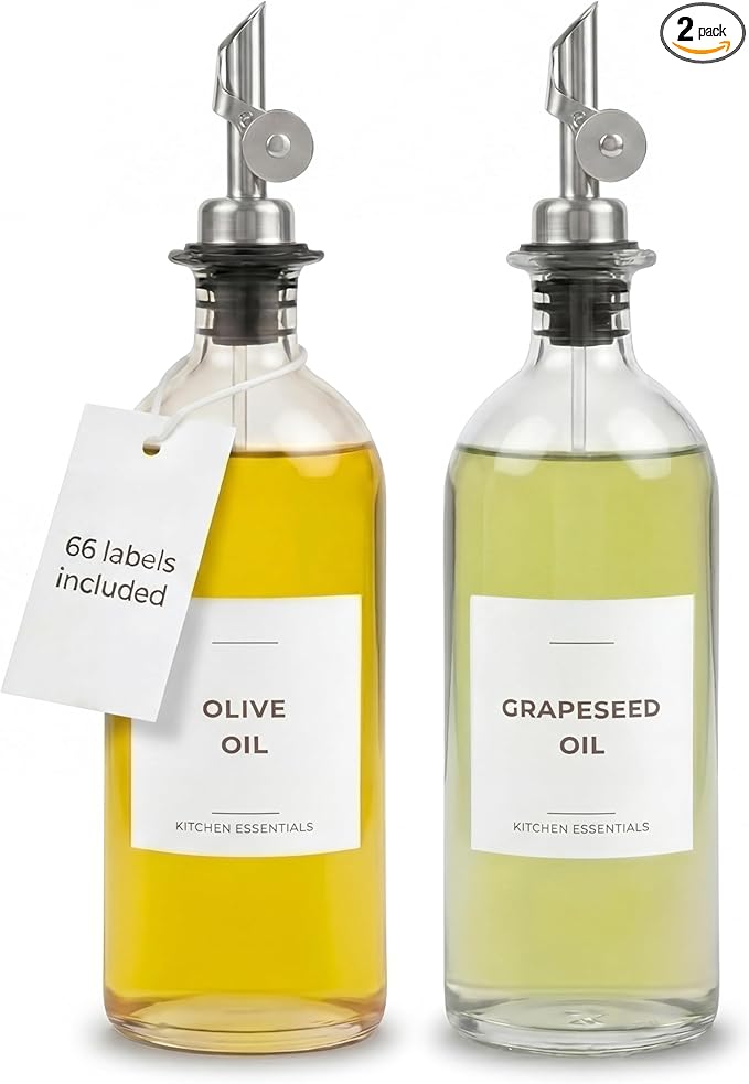 Spaceneat Oil Dispenser for Kitchen - Glass Olive Oil Bottle Set of 2 (16.9oz) with Silver Stainless Steel Weighted Self-Closing Pourer - Cooking Oil Dispenser with 66 Labels, Aligner & Funnel