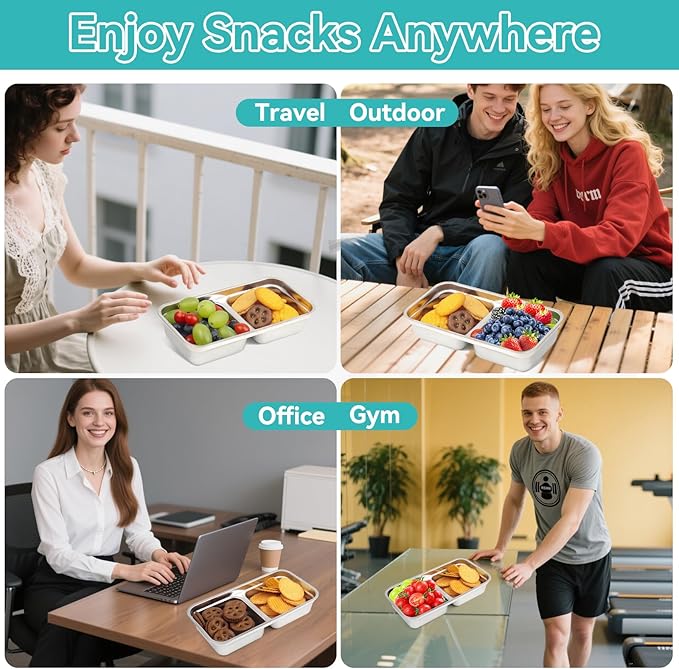 Stainless Steel Snack Containers, 2 Pack Grab and Go Snack Containers Reusable, Double Compartment Food Storage Containers with Lids, Lunch Box Containers for Travel, Outdoor Camping and Daily Use
