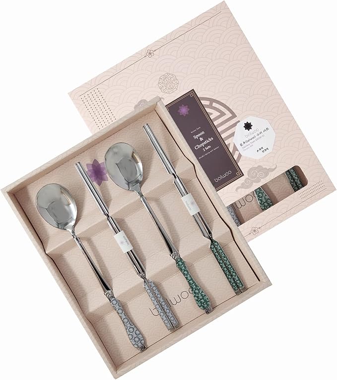 [Made in Korea] Goryeo Celadon Design Korean Table Sticky Rice Spoon and Chopsticks 430 Stainless Steel Glossy Surface Mukbang Cutlery (White and Blue)