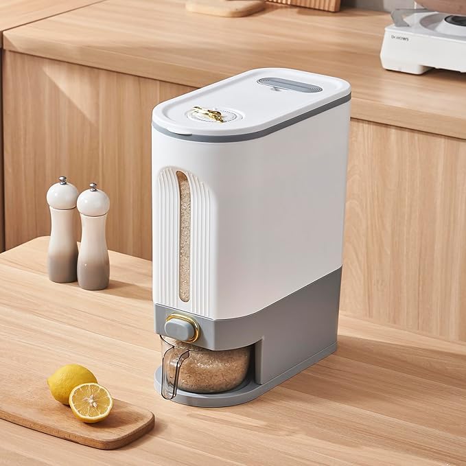 Sooyee 22 Lbs Rice Dispenser, Large Grain Container Storage with Lid Measuring Cylinder Moisture Proof Household Cereal Dispenser Bucket for Kitchen Soybean Corn, White and Grey